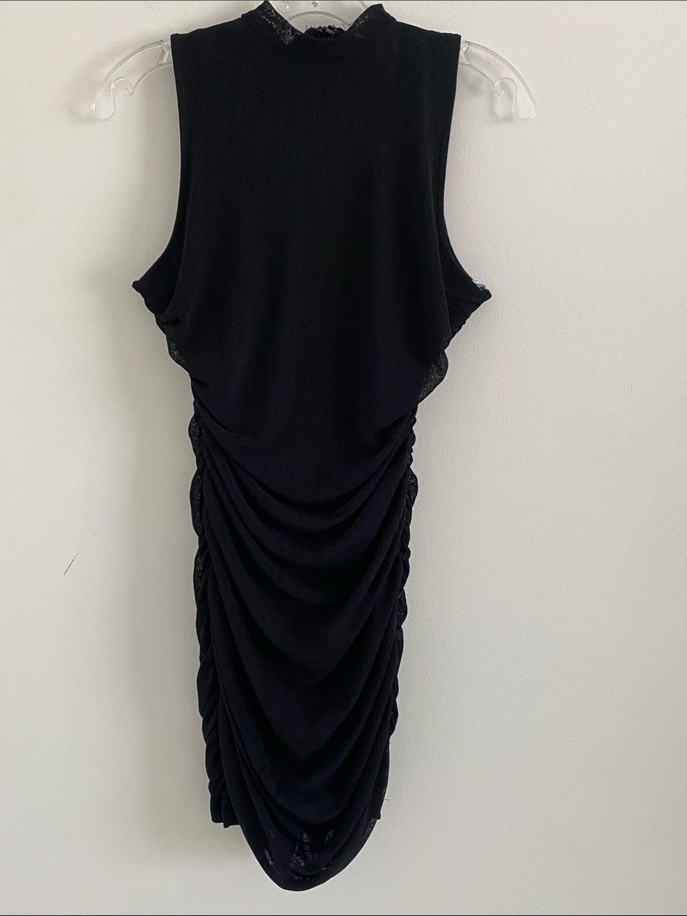 Lulus Modern Movement Black Mesh Ruched Mock Neck Mini Dress Sz M